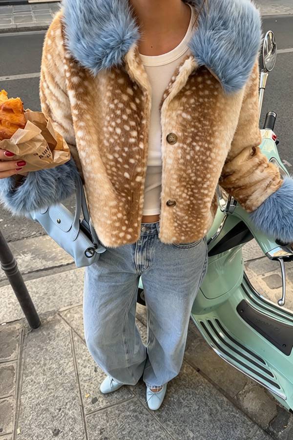 Trendy Faux Fur Spotted-Print Colorblock Furry Collar Button Up Loose Coat