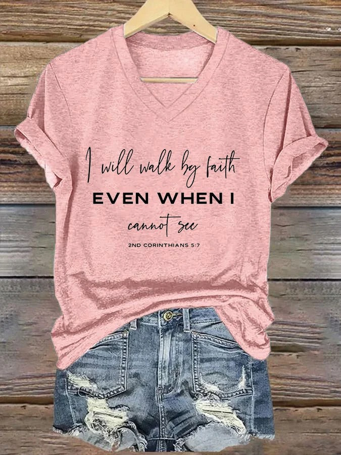 Damen T-Shirt mit Aufdruck „Ich werde im Glauben wandeln, auch wenn ich nichts sehen kann“