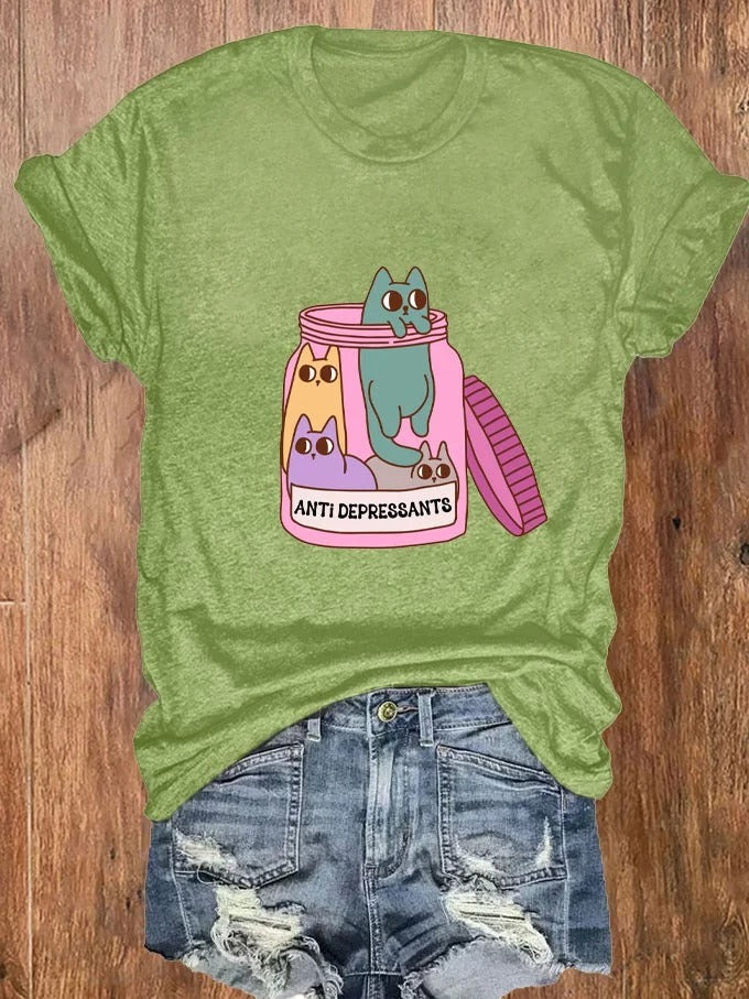 Lustiges Katzen-T-Shirt mit Antidepressiva-Aufdruck für psychische Gesundheit für Damen