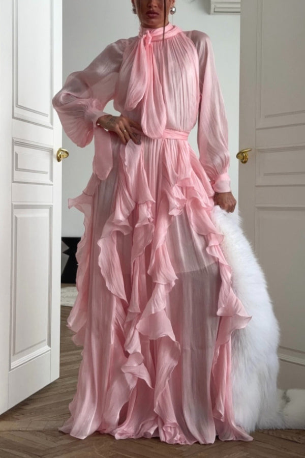 Pink Stand Collar Tie Ruffled Chiffon Long Evening Dress