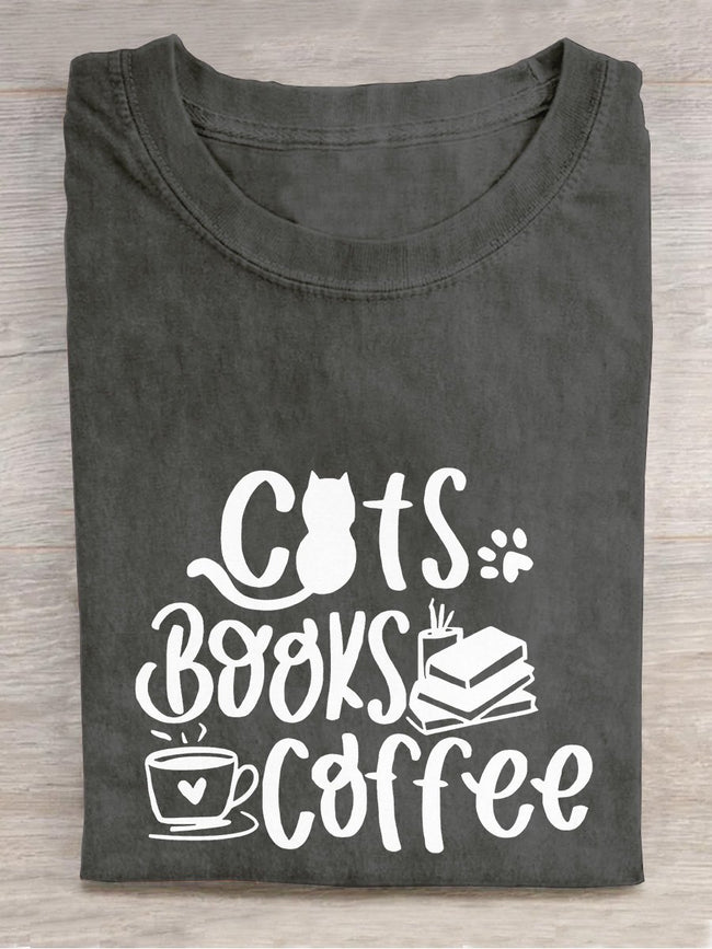 Cats Books Coffee Lover Casual Print T-shirt