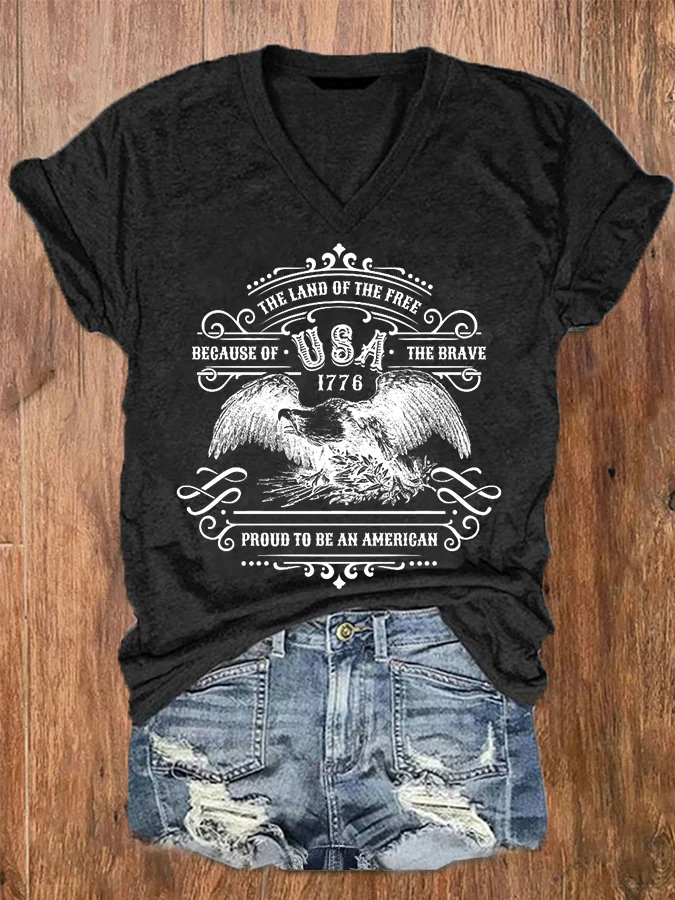 T-shirt décontracté à col en V pour femme, imprimé « Land of the Free Because of the Brave »
