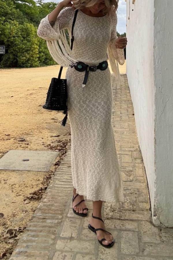 Summer Hollow Raglan Sleeves Fringe Splicing Slits Casual Dress