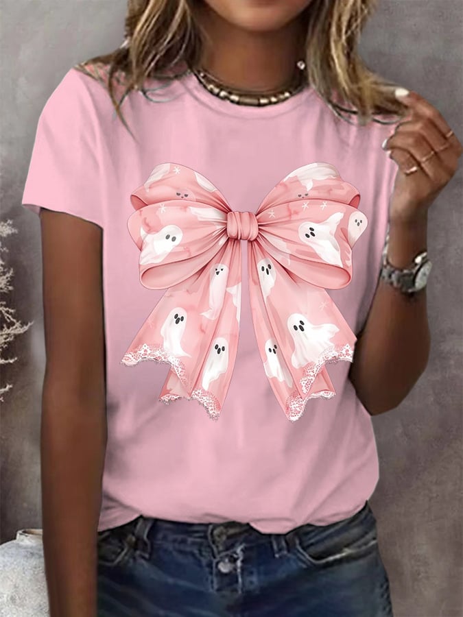 Women's Halloween Ghost Bow Print Casual T-Shirt