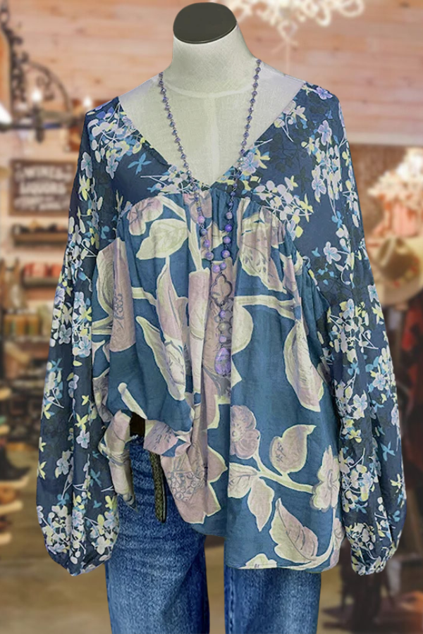 Haut décontracté à col en V plissé et imprimé floral