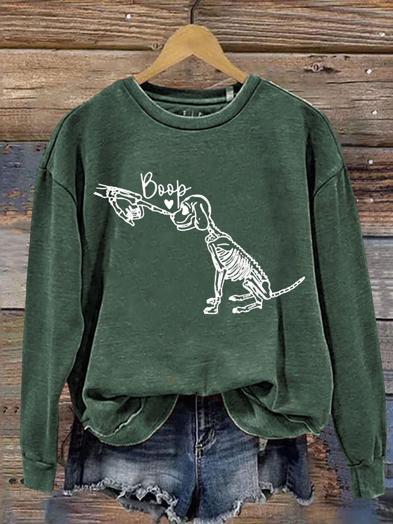 Retro Cute Skeleton Hand Boop Dog Funny Halloween Print Casual Sweatshirt