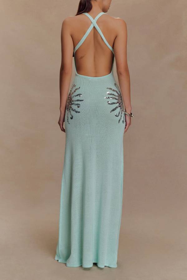 Sparkling Nights Knit Sunburst Sequin Detail Back Cross Straps Stretch Maxi Dress