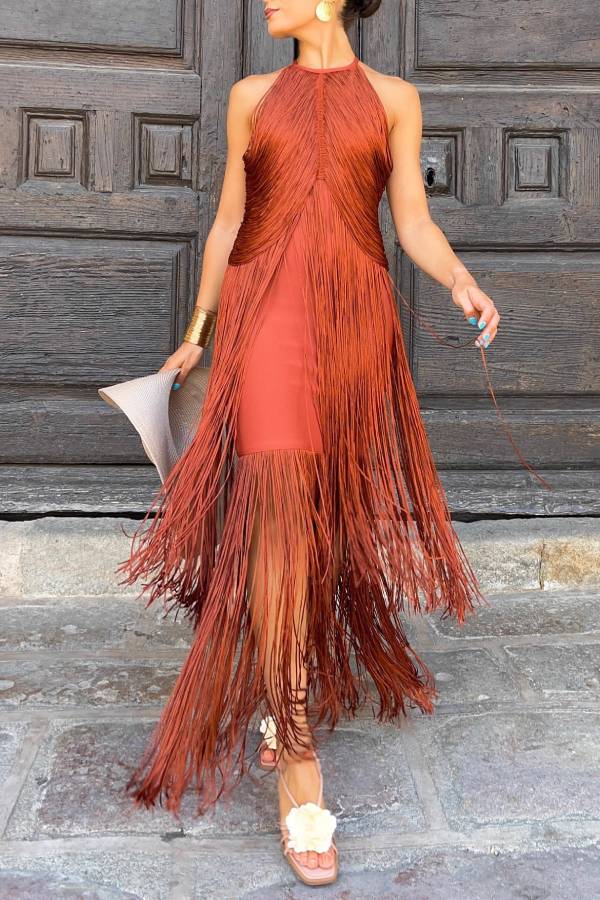 Halter Fringe Long Evening Dress