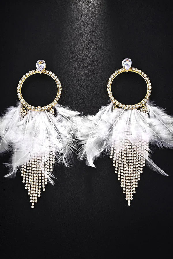 Rhinestone and Feather Tassel Earrings