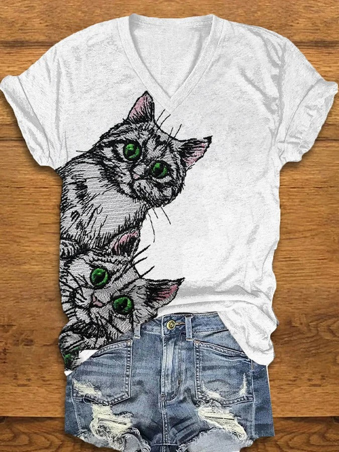 T-shirt col V imprimé chat pour femme