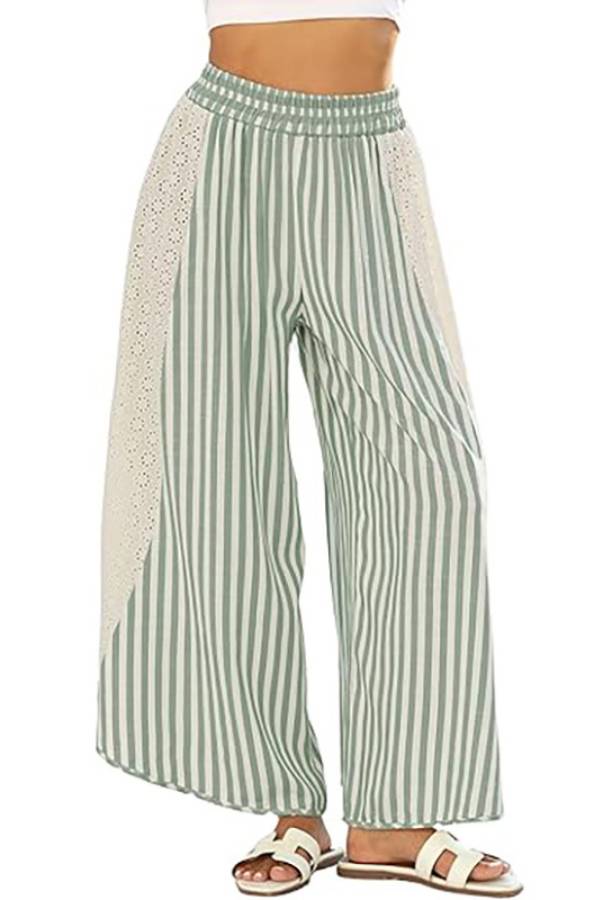 Striped Eyelet Patch Elastic Waist Vacation Wide Leg Cropped Pants