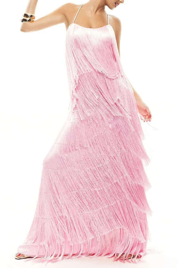 Dynamic Beauty Layered Tassel Design Back Tie-up Maxi Dress