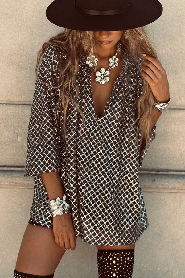 All about Glam Collar Sequin V-neck Half Sleeve Loose Top