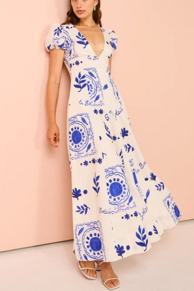 Embrace The Glamour Linen Blend Unique Print Puff Sleeve Pocketed Maxi Dress