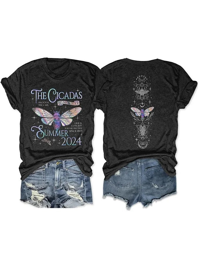 Damen-T-Shirt mit V-Ausschnitt und „Cicada Reunion Summer 2024“-Print