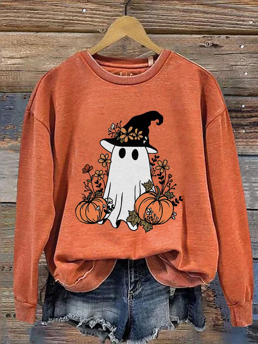 Sweat-shirt décontracté à imprimé fantôme effrayant pour Halloween