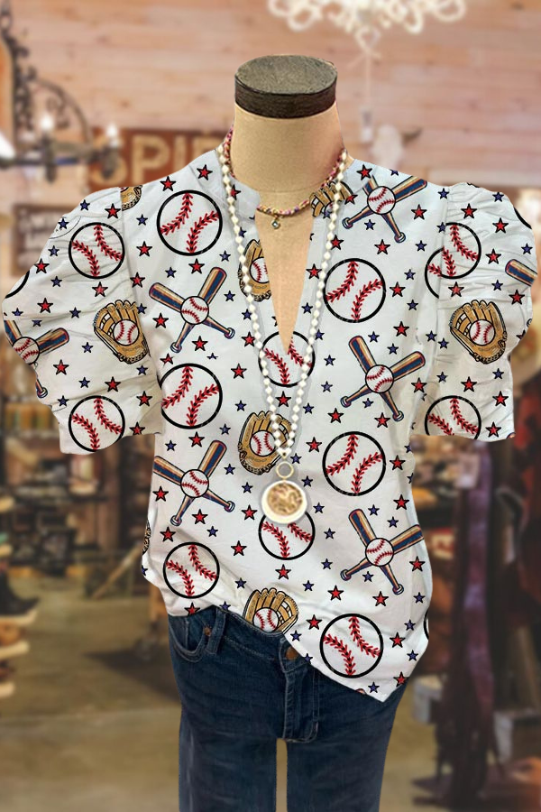 V-neck Puff Sleeve Baseball Print Top