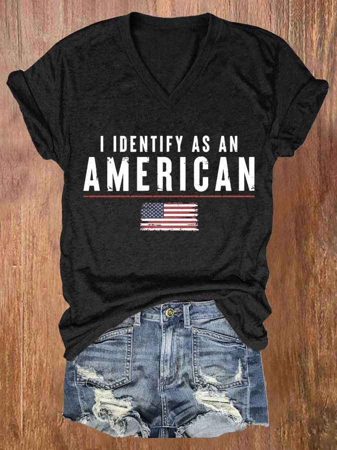 Women's I Identify As An American Print Casual V Neck T-shirt