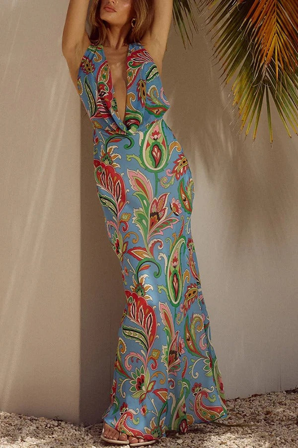 Perfect Sultry Look Unique Print Drape Cowl Neck Halter Maxi Dress