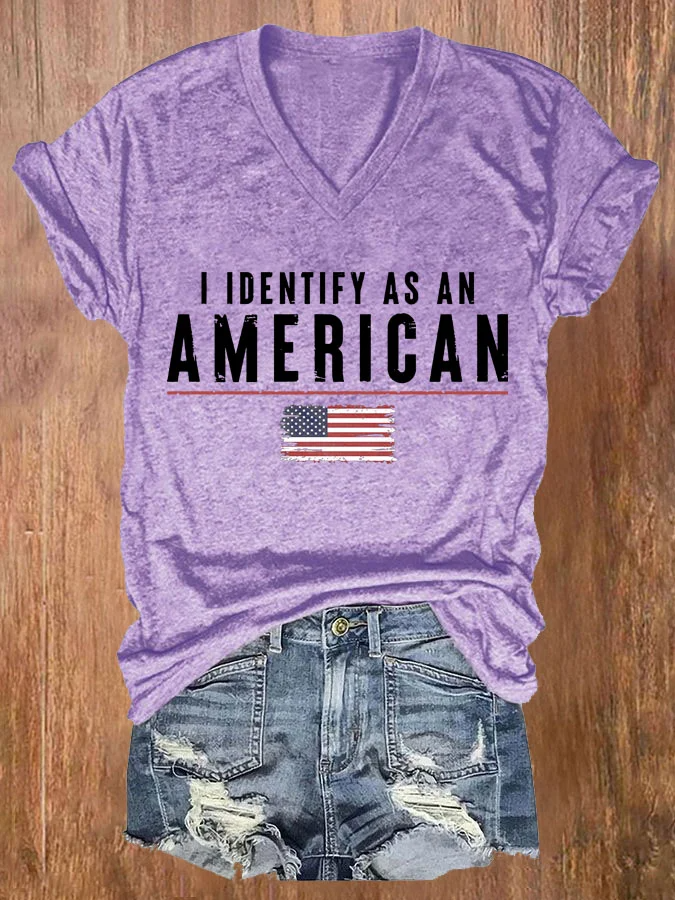 Women's I Identify As An American Print Casual V Neck T-shirt
