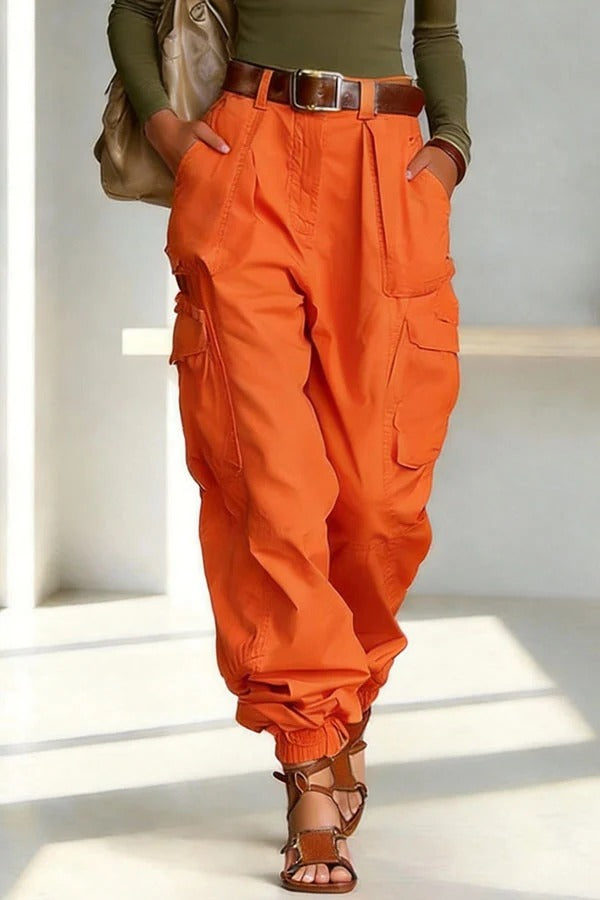 Street Style Solid Color High Waist Pocketed Loose Fit Cargo Pants