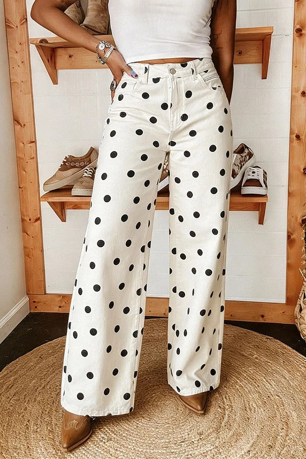 Retro Style Polka Dot Print High Waist Pocketed Wide Leg High Waisted Jeans