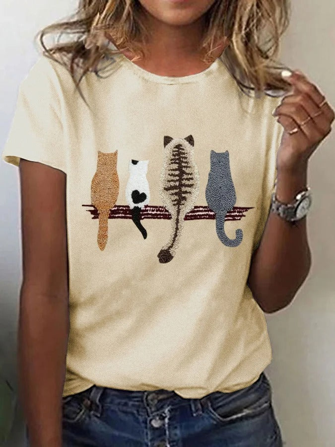 T-shirt décontracté imprimé chat pour femme
