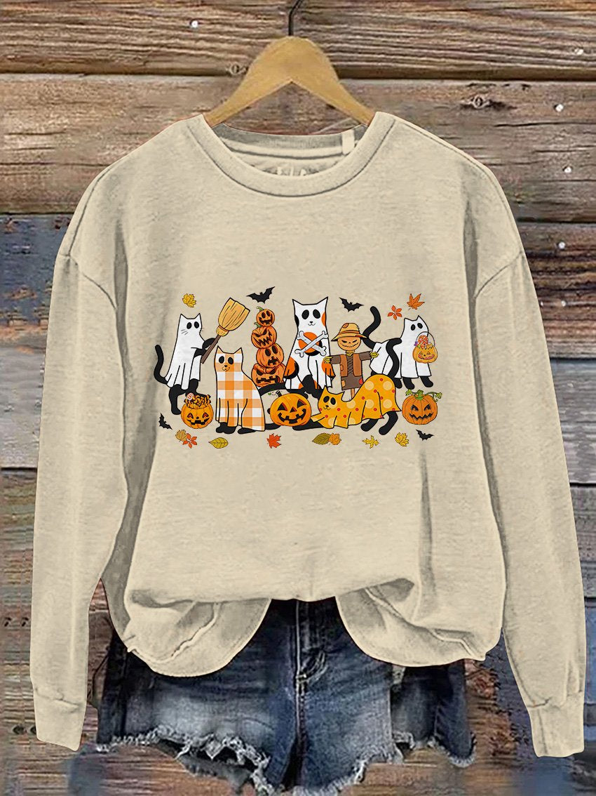 Schwarzes Sweatshirt mit Halloween-Geisterkatzen-Print