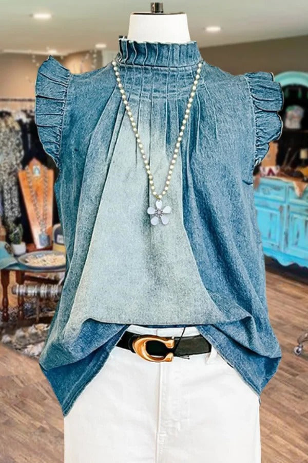 Washed Ruffle Sleeve Mock Neck Denim Top