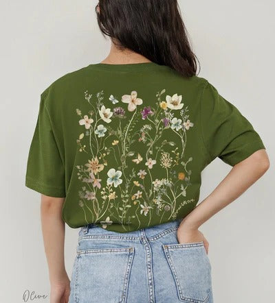T-shirt imprimé fleurs pressées au dos, cadeau pour les amoureux du jardin