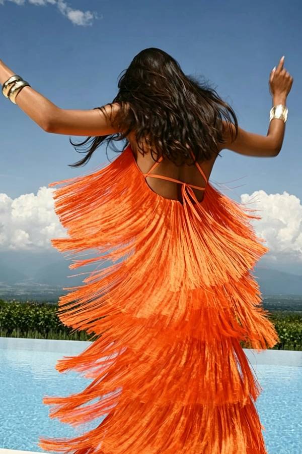 Dynamic Beauty Layered Tassel Design Back Tie-up Maxi Dress