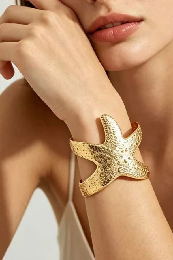 Hammered-finish Starfish Motif Wide Bracelet