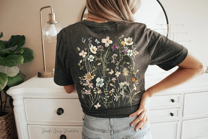 T-shirt imprimé fleurs pressées au dos, cadeau pour les amoureux du jardin