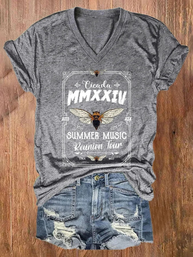 Women's The Cicadas Summer Music Print V Neck T-shirt