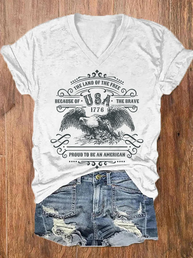 T-shirt décontracté à col en V pour femme, imprimé « Land of the Free Because of the Brave »