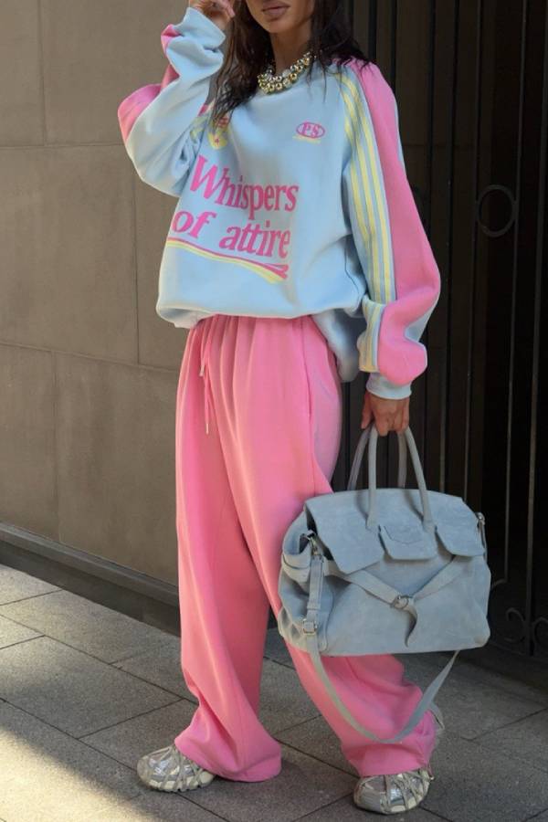 Color Block Letter Print Oversized Sweatshirt & Wide Leg Pants 2 Piece Set