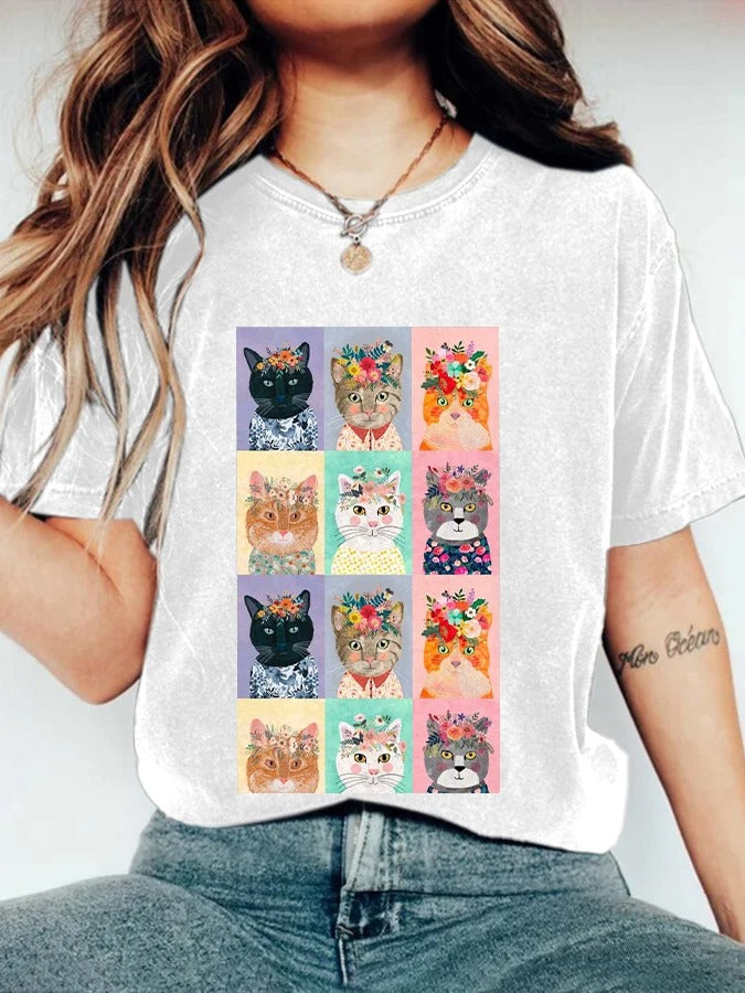 T-shirt décontracté à imprimé chat pour femme
