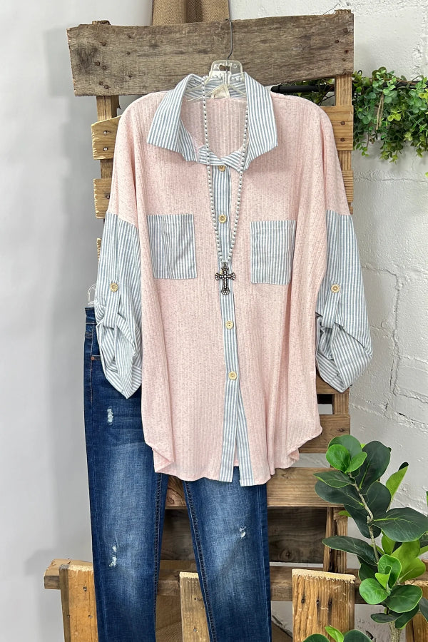 Chemise rayée avec col en coton, manches longues, poches devant, chemise rayée color block