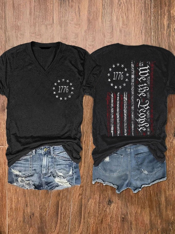 women's independence day 1776 we the people flag print v-neck t-shirt