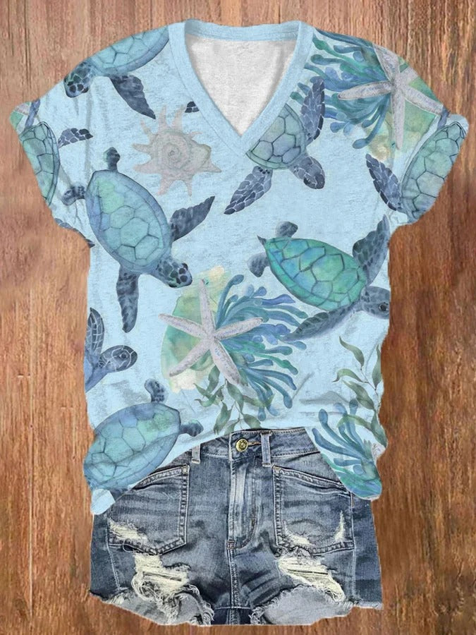 T-shirt décontracté à col en V et imprimé tortue hawaïenne pour femme