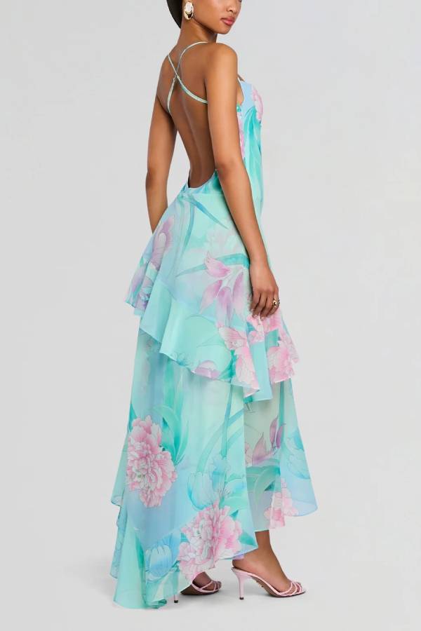 Vacation Floral Print Spaghetti Strap Backless Asymmetrical Ruffle Maxi Dress