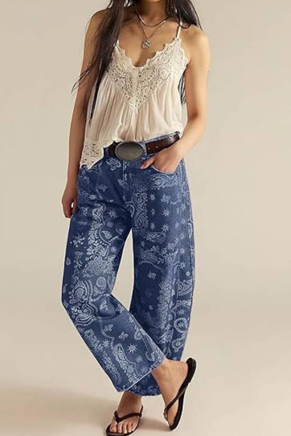Vintage Paisley Print High Waist Straight Leg Jeans