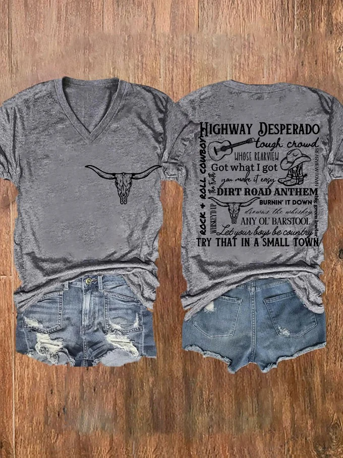 T-shirt col V imprimé drapeau occidental pour femme « Essayez ça dans une petite ville »