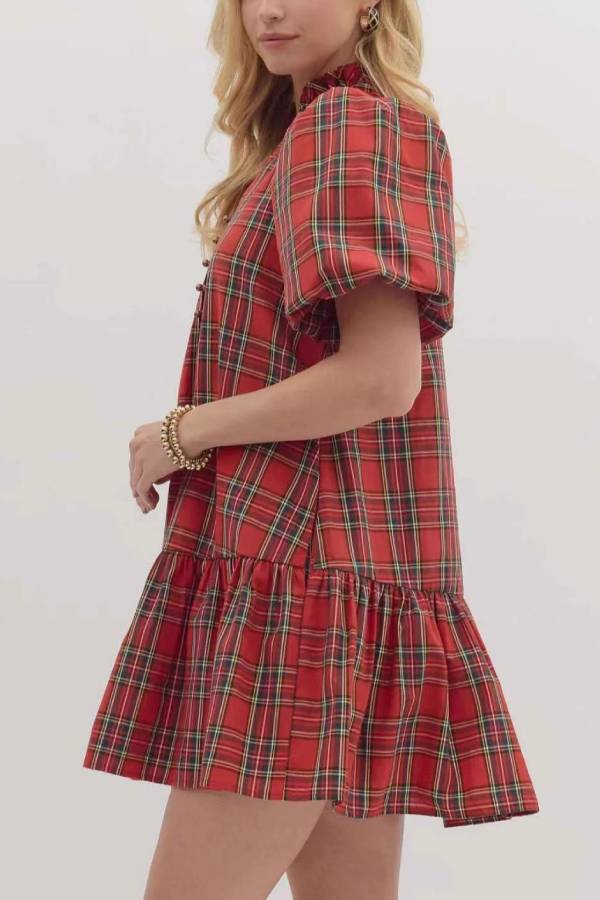 Puff Sleeve Ruffled Plaid A-Line Dress