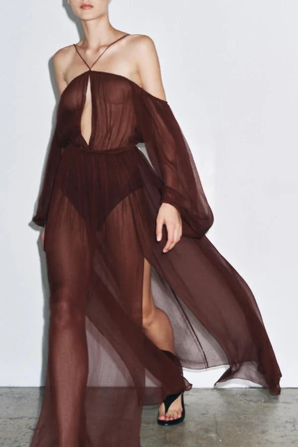 Marsie Semi-sheer Fabric Cutout Off Sholder Elastic Waist Slit Maxi Dress