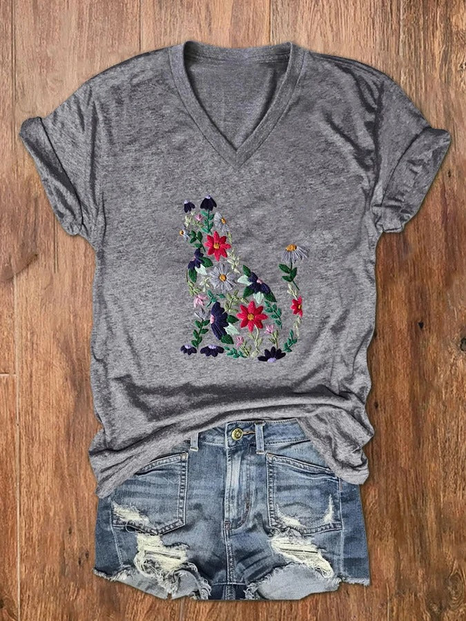 T-shirt col V à imprimé chat brodé pour femme