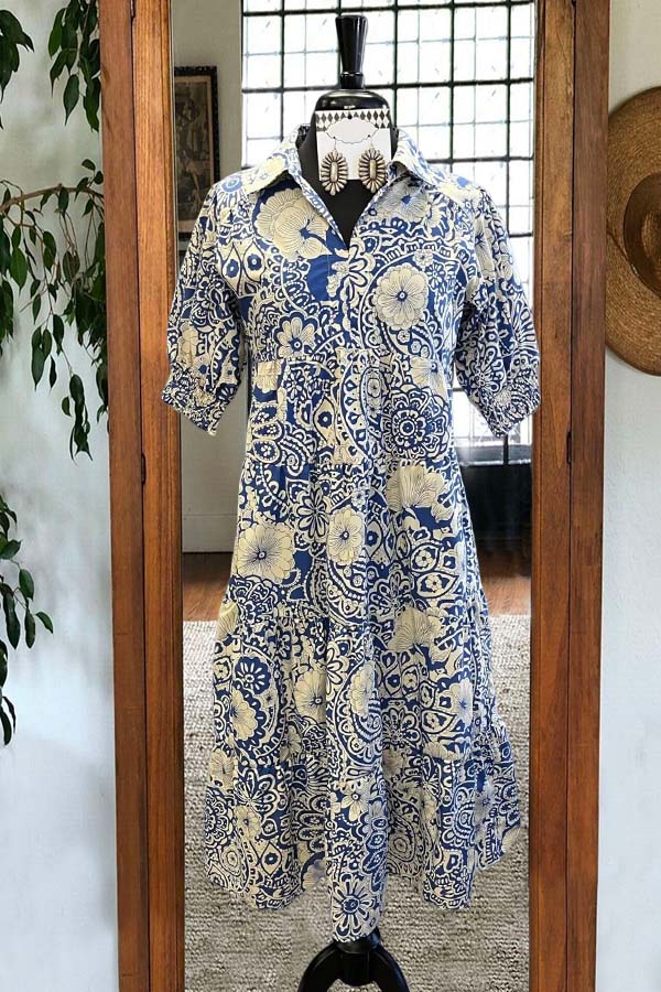 Midikleid mit abstraktem Blumenmuster und Puffärmeln