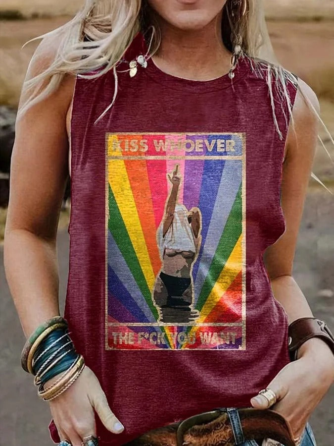 Women's Kiss Whoever The Fuck You Want Print Casual Tank Top