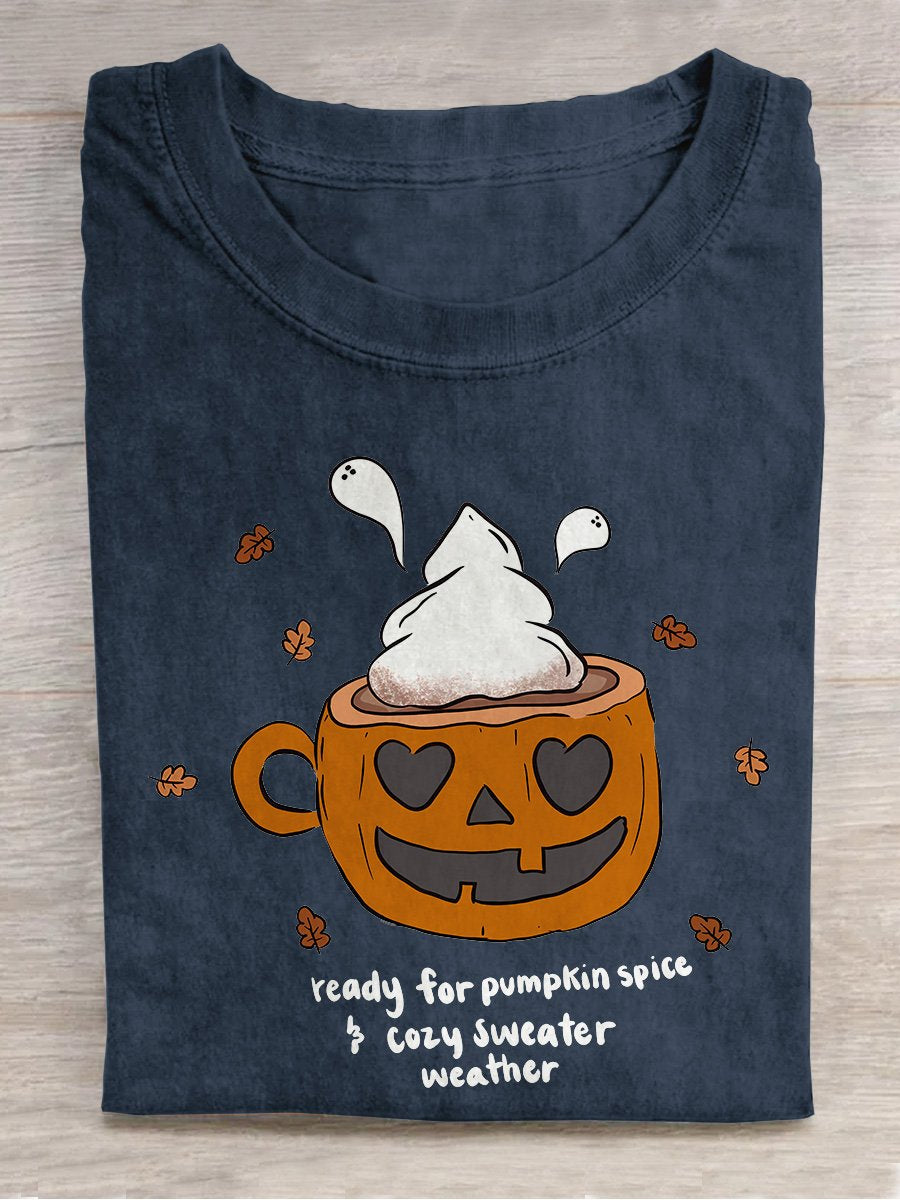 Pumpkin Spice Mug Halloween Casual Print T-shirt