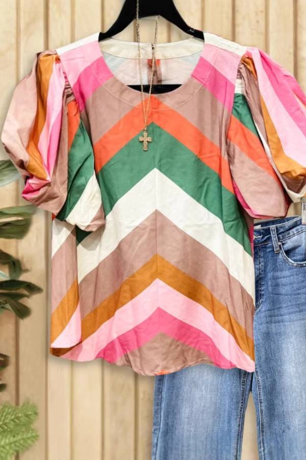 Color-Block Chevron Stripe Puff-Sleeve Blouse
